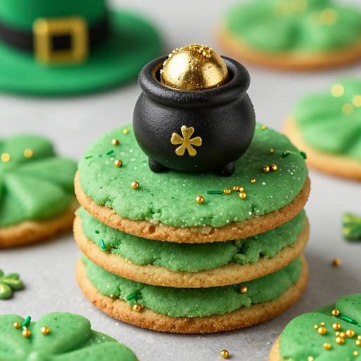 Photograph of a green cake stack with a black cauldron topper filled with gold glitter, decorated with gold dots and shamrocks, set