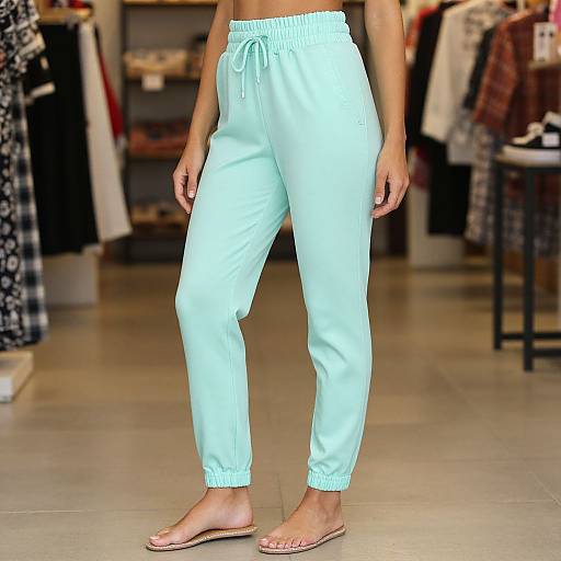 Photograph of a person wearing light blue, loose-fitting sweatpants with a drawstring waist, and pink flip-flops, standing in a brightly