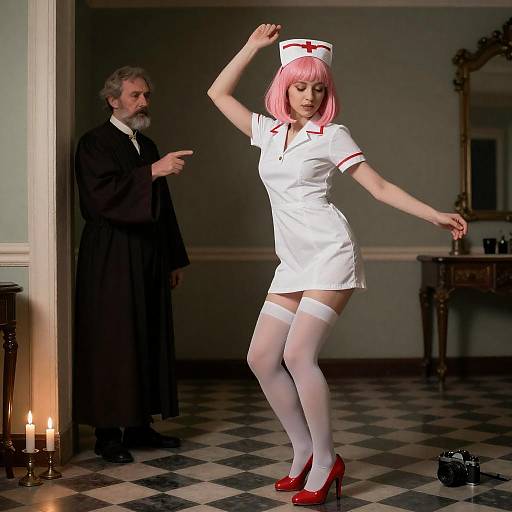 Woman in Nurse Costume Dancing in Vintage Room