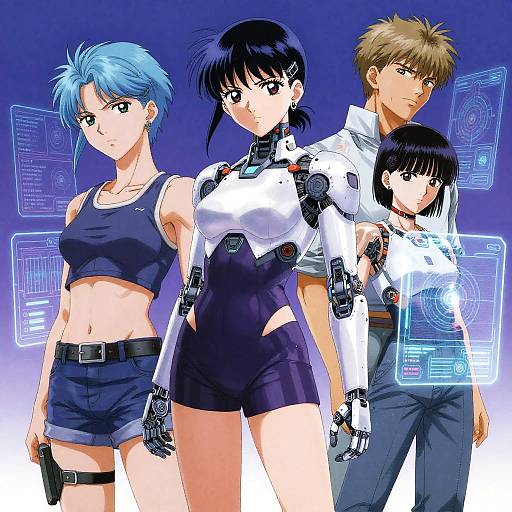 Anime-style digital illustration of four characters: blue-haired woman in sports bra and shorts, black-haired woman in futuristic armor, brown-haired man in white shirt