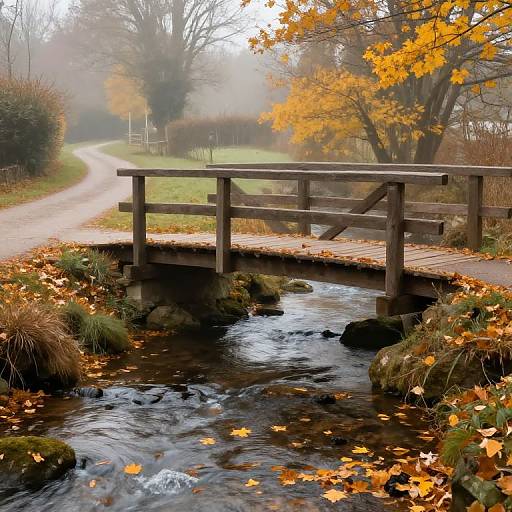 Autumn Brook and Wooden Bridge
