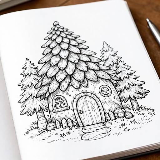 Black ink drawing of a whimsical, cottage-like house with a large, layered roof, arched door, and small, circular windows. Set in