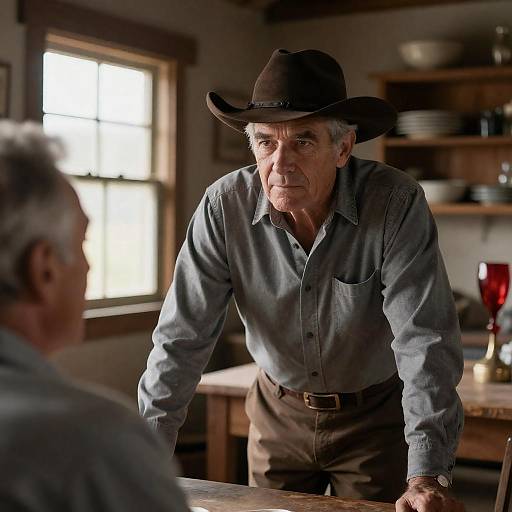 Photograph of an elderly man in a grey shirt and black cowboy hat leaning forward in a rustic kitchen, engaged in conversation with another person. Sunlit