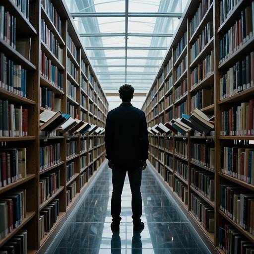 Silhouetted man stands in long, illuminated library aisle, flanked by tall bookshelves, under a glass ceiling. Photorealistic digital