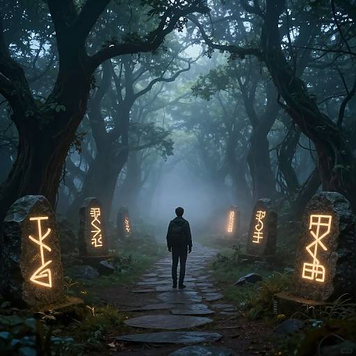 Mysterious forest path illuminated by glowing Japanese lanterns, misty blue twilight, lone figure with backpack walking away, eerie atmosphere. Digital art.