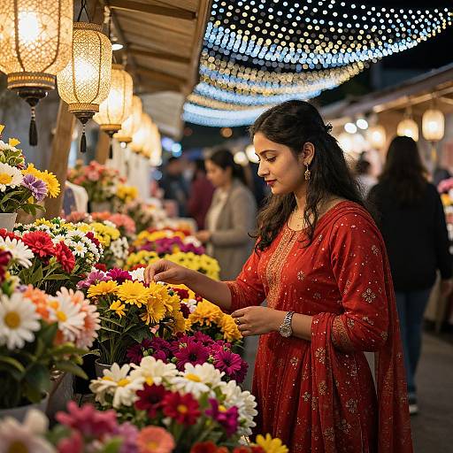 Photograph of a young Indian woman in a red traditional dress, with long dark hair, selecting colorful flowers at a night market, illuminated by hanging lantern