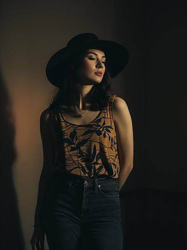 Woman in Earth Tone Top and Wide-Brimmed Hat