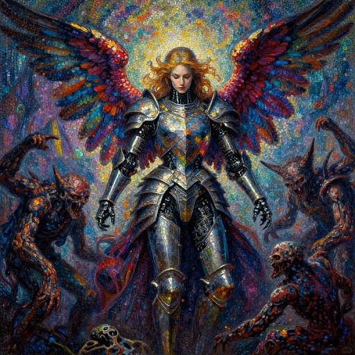 Digital fantasy artwork of a fierce, armored angel with vibrant red, blue, and yellow wings, standing amid dark, monstrous creatures.