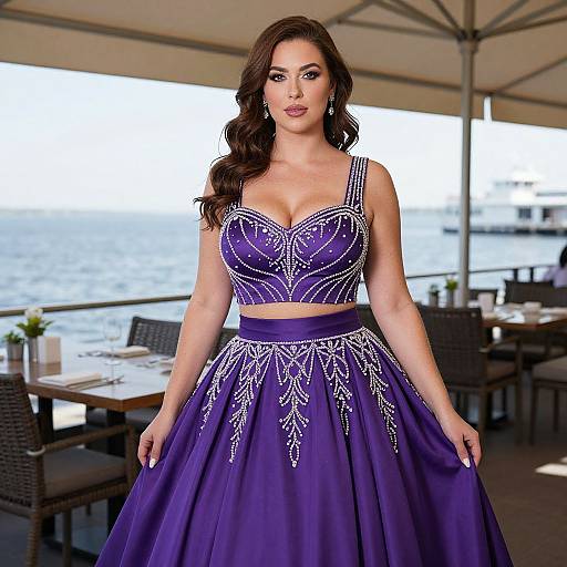 Photograph of a brunette woman with wavy hair, wearing a vibrant purple, beaded, sleeveless ball gown with a sweetheart neckline, standing under