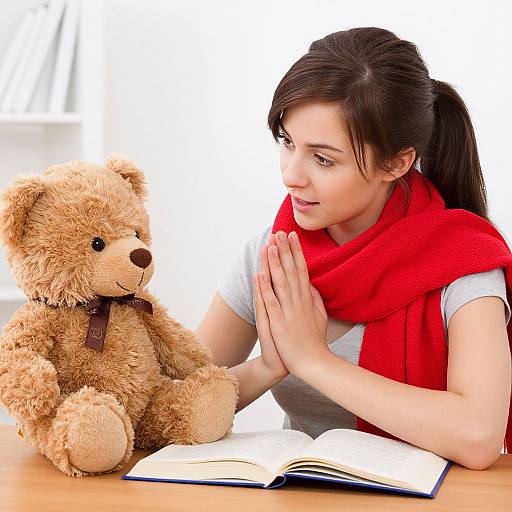Photograph of a young woman with dark hair in a ponytail, wearing a red scarf and white shirt, praying beside a brown teddy bear and