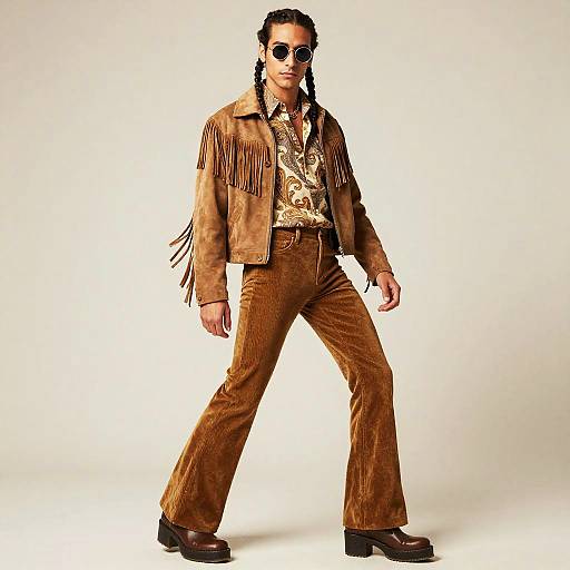 Photograph of a man with braided hair, wearing round sunglasses, a fringed brown leather jacket, patterned shirt, brown corduroy pants