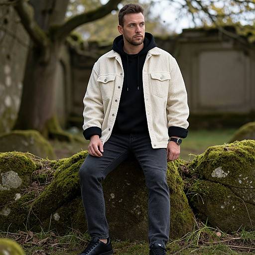 Photograph of a bearded man with short brown hair, wearing a white jacket, black hoodie, and dark jeans, sitting on mossy rocks in