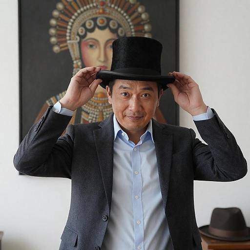 Elegant Man with Woman's Portrait Background