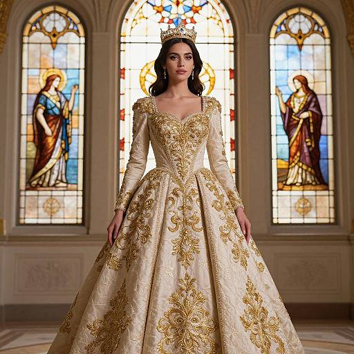 Photograph of a dark-haired woman in an ornate, gold-embroidered, cream ballgown with a crown, standing before three colorful