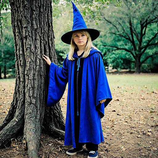 Child in Blue Wizard Costume Outdoors