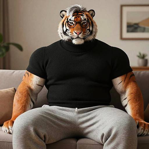 Digital artwork of a muscular anthropomorphic tiger wearing a black t-shirt and gray sweatpants, sitting on a beige couch in a modern living room.