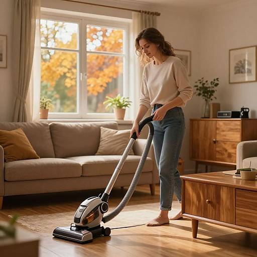Photograph of a curly-haired woman in a beige sweater and blue jeans, vacuuming a sunlit living room with autumn trees visible through the window.