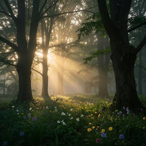 Photograph of a sunlit forest at dawn, with sunbeams streaming through tall trees, casting shadows on a carpet of colorful wildflowers.