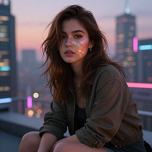 Photograph of a young woman with wavy brown hair, glowing facial glitter, wearing a green jacket, sitting on a rooftop at dusk, city lights