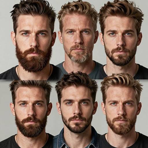 Photograph of six identical Caucasian men with varying beards and hairstyles, all wearing dark clothing and gold necklaces, arranged in a 3x2