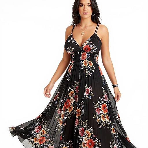 Photograph of a woman with dark hair, wearing a black, floral-embellished, V-neck, sleeveless dress with a flowing skirt,