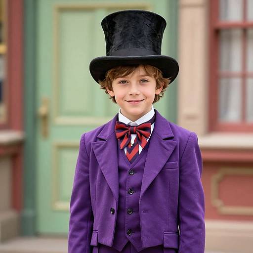 Photograph of a young boy with curly brown hair, wearing a black top hat, purple Victorian-style suit, red and black bowtie, smiling in