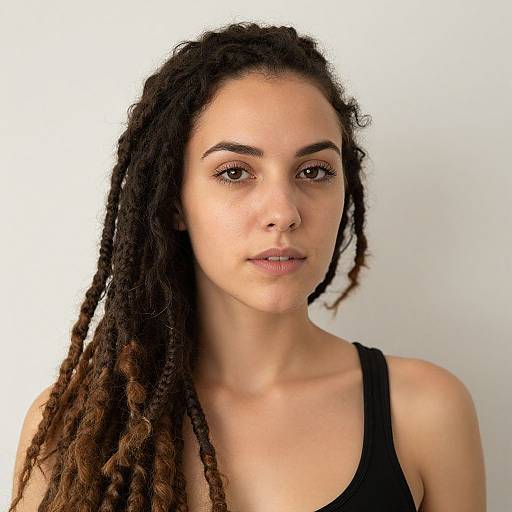 Photograph of a young woman with long, dark brown dreadlocks, light brown skin, wearing a black tank top, against a plain white background.