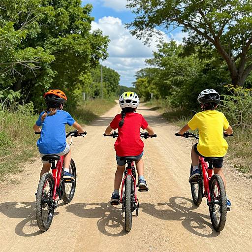 Photograph of three children riding red bicycles on a dirt path, wearing helmets and colorful shirts, surrounded by lush green trees under a bright blue sky.