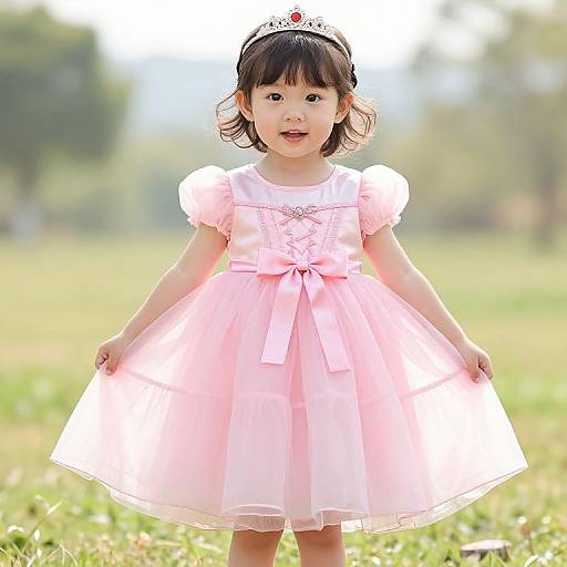 Photograph of an adorable Asian toddler girl with short black hair, wearing a pink dress, white headband, and standing in a sunlit park.