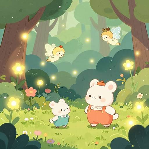 Whimsical forest scene: two white bear cubs, one in blue dress and one in orange overalls, play with glowing fireflies and a