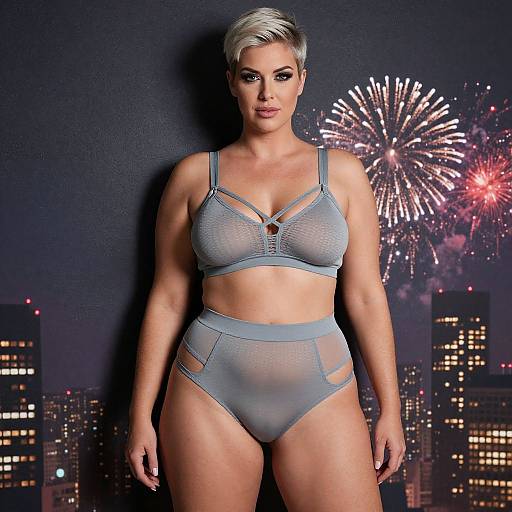 Photograph of a confident, short-haired woman with light skin and a curvy physique, wearing sheer grey lingerie, against a dark cityscape backdrop with