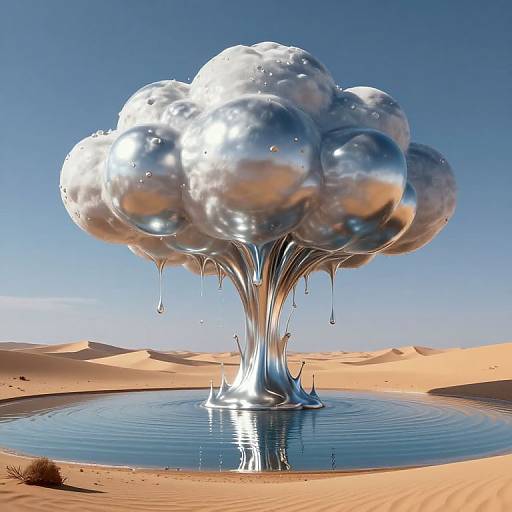 Photograph of a surreal, silver, cloud-like tree with shiny, reflective surfaces, dripping water, standing in a desert oasis pool, surrounded by golden