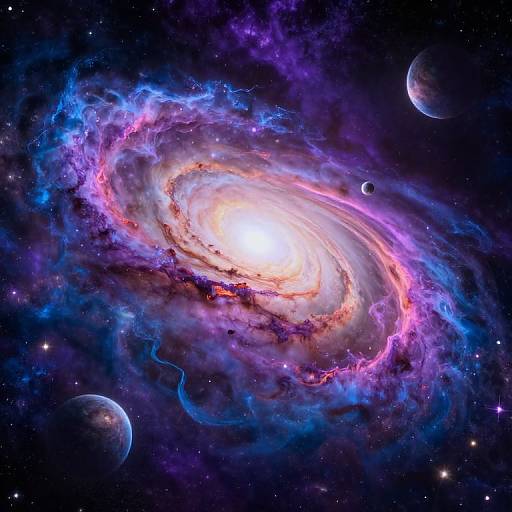 Photorealistic CGI of a vibrant, swirling galaxy with a bright core, surrounded by purple, blue, and pink nebulae, against a star