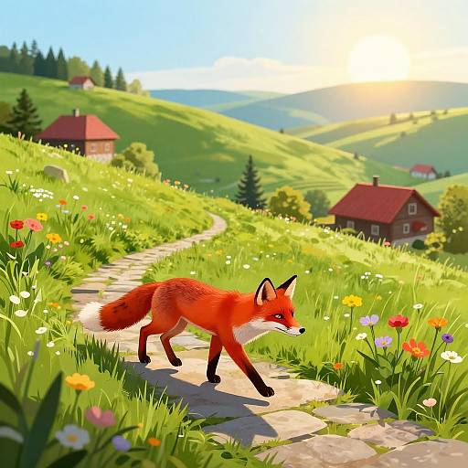 Digital illustration of a red fox walking on a stone path through a sunny, vibrant, flower-filled meadow with red-roofed houses on green hills