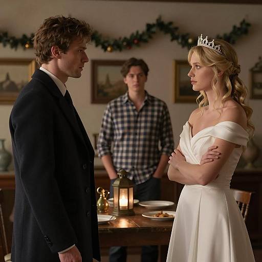 Tense Conversation in Rustic Room