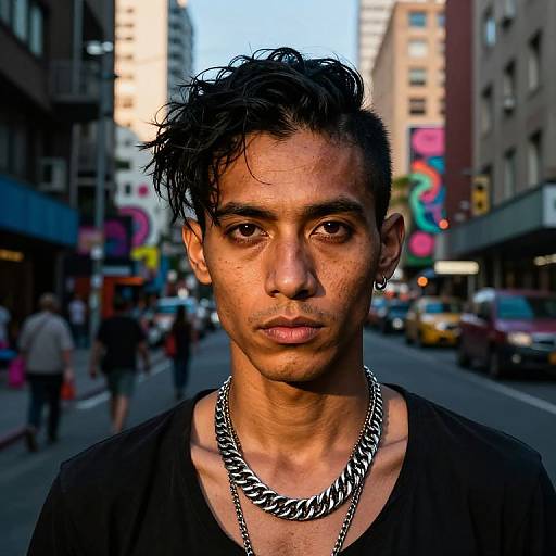 Photograph of a young, androgynous man with short, messy black hair, wearing a black shirt and chunky chain necklace, standing on