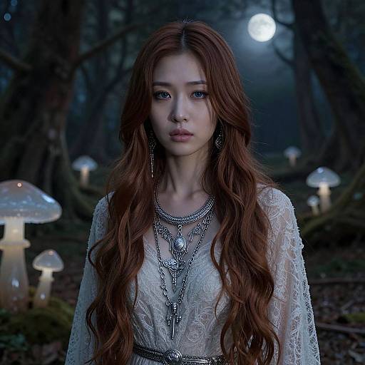 Digital fantasy portrait of a fair-skinned, long red-haired woman in a lace dress, adorned with jewelry, standing in a moonlit forest with glowing
