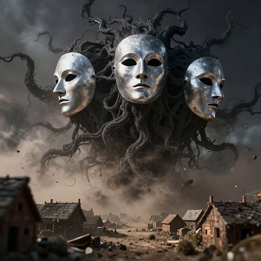 Digital art: Three metallic, silver masks with eerie expressions emerge from dark, swirling smoke over a dilapidated, foggy village with wooden houses.