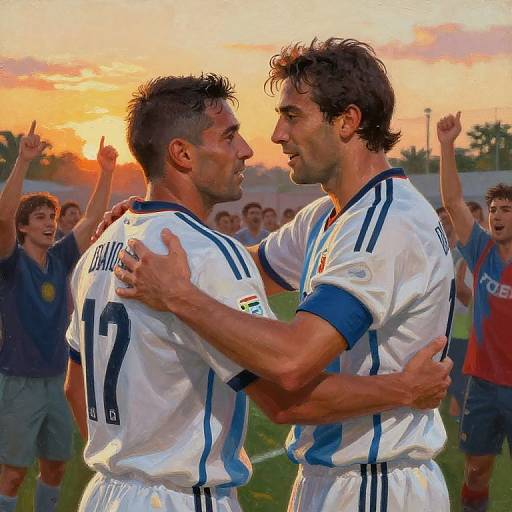 Photograph of two male soccer players in white and blue uniforms, embracing at sunset with teammates cheering in the background.