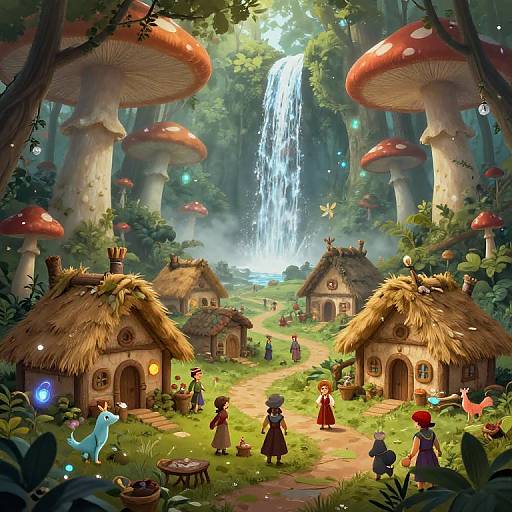 Whimsical fantasy forest scene with giant red mushrooms, fairy-tale cottages, a waterfall, colorful characters, and glowing lights. Digital illustration.