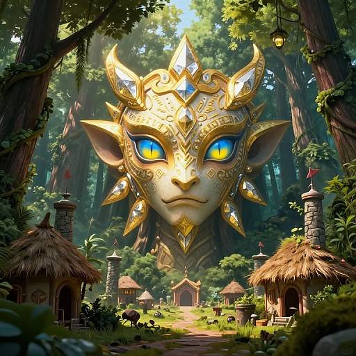 Digital artwork of a golden, ornate, sun-faced mask with blue glowing eyes hovering above a lush forest village with thatched huts and stone towers