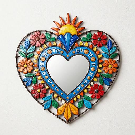 Vibrant, colorful heart-shaped stained glass ornament with blue border, red, orange, and yellow flowers, blue and green leaves, and a yellow