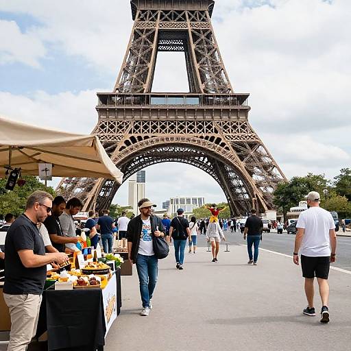 Photograph of a bustling street market in front of the Eiffel Tower in Paris, with vendors, customers, and a mix of casual and tourist