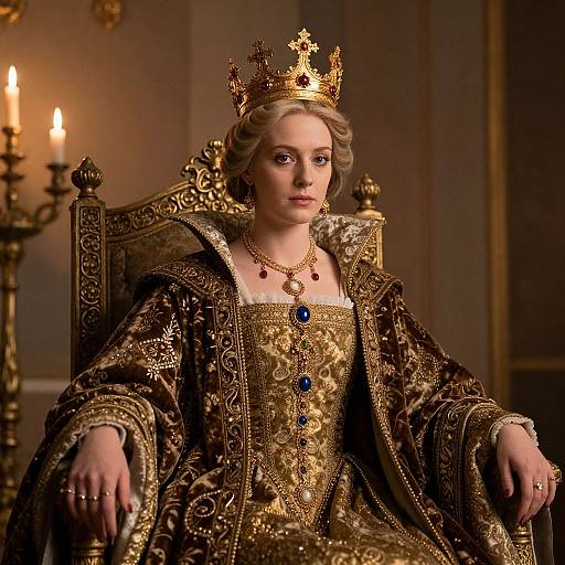 Regal woman with blonde hair, golden crown, ornate gold dress, blue gem necklace, sitting on elaborate throne, candlelit background.