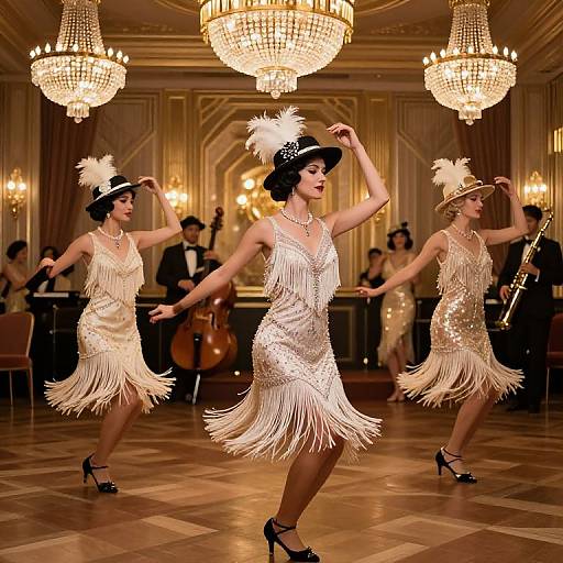 Photograph of three vintage-style dancers in white fringe dresses and black hats, performing in an elegant ballroom with chandeliers and musicians in the background