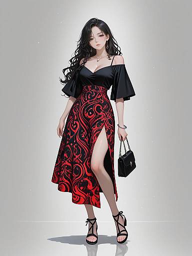 Digital art of a pale-skinned woman with long black hair, wearing a black off-shoulder top and red-black patterned skirt with a high