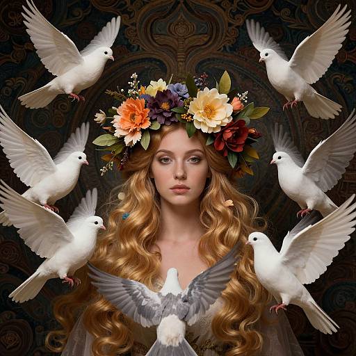 Digital art: serene young woman with long, wavy red hair, wearing a colorful flower crown, surrounded by six white doves against a dark,