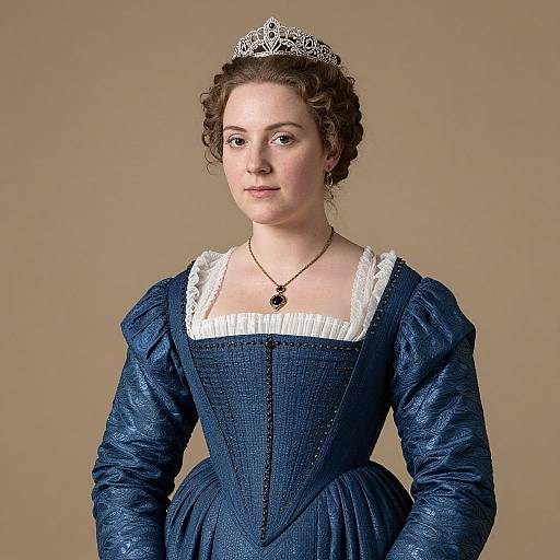 Photograph of a fair-skinned woman with brown curly hair, wearing a silver tiara, blue Renaissance-style dress with white lace trim, and a