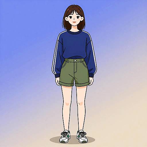 Digital anime-style drawing of a young woman with brown hair, blue sweater, green shorts, and black sneakers, standing against a gradient blue to white background