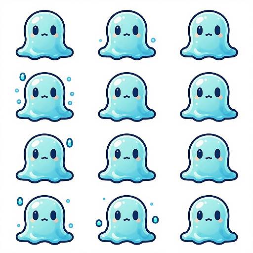 Cartoon-style digital drawing of 12 blue, blob-like slime creatures with black eyes and simple expressions arranged in a 3x4 grid. White